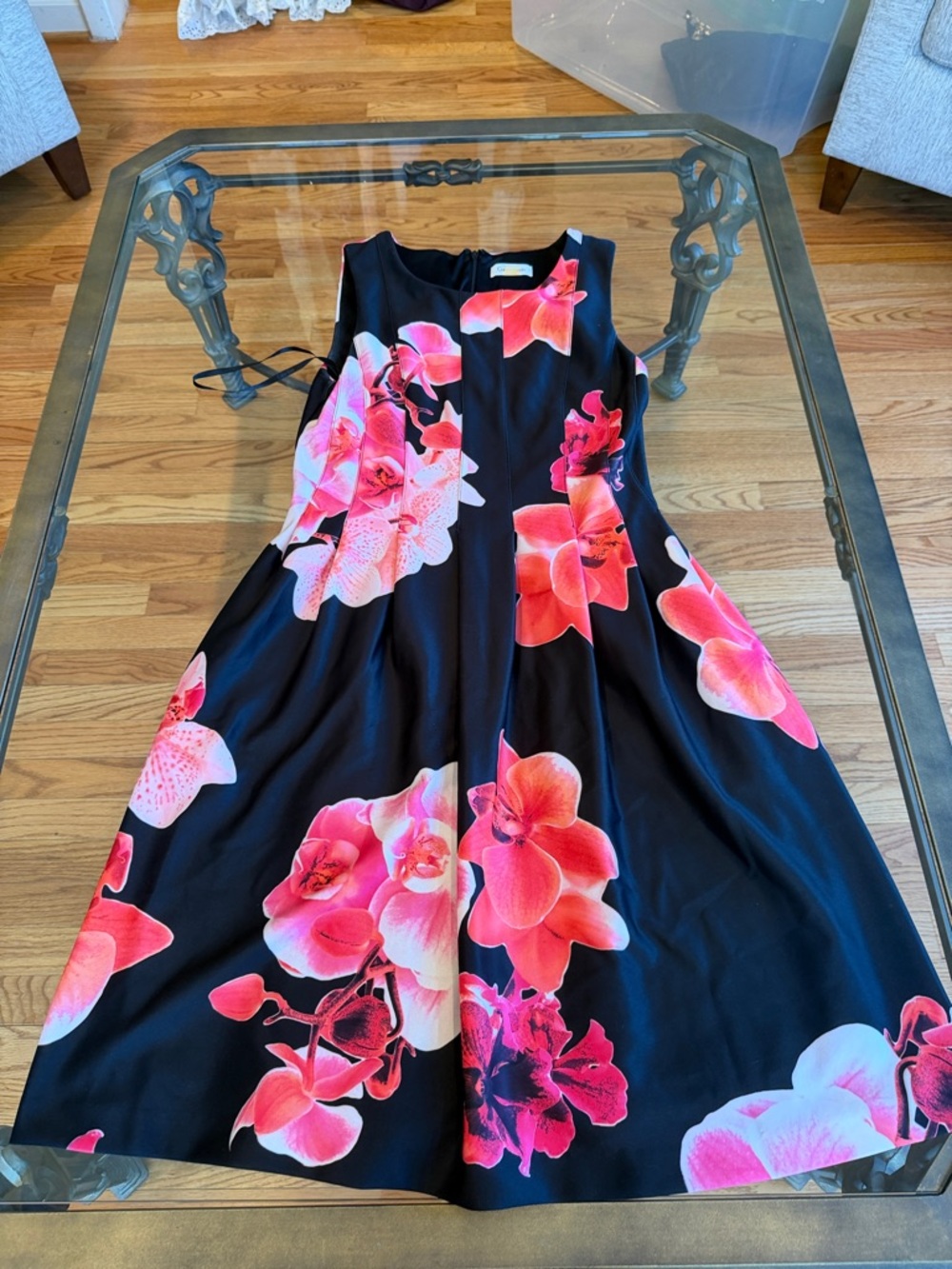 Calvin Klein Black Midi Dress with Pink Floral Print
